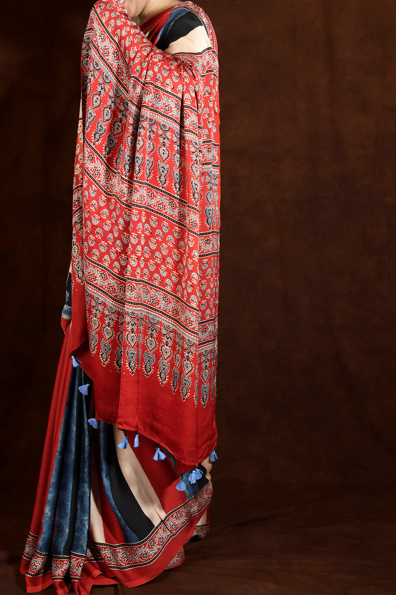 Red & Blue Modal Silk Ajrakh saree
