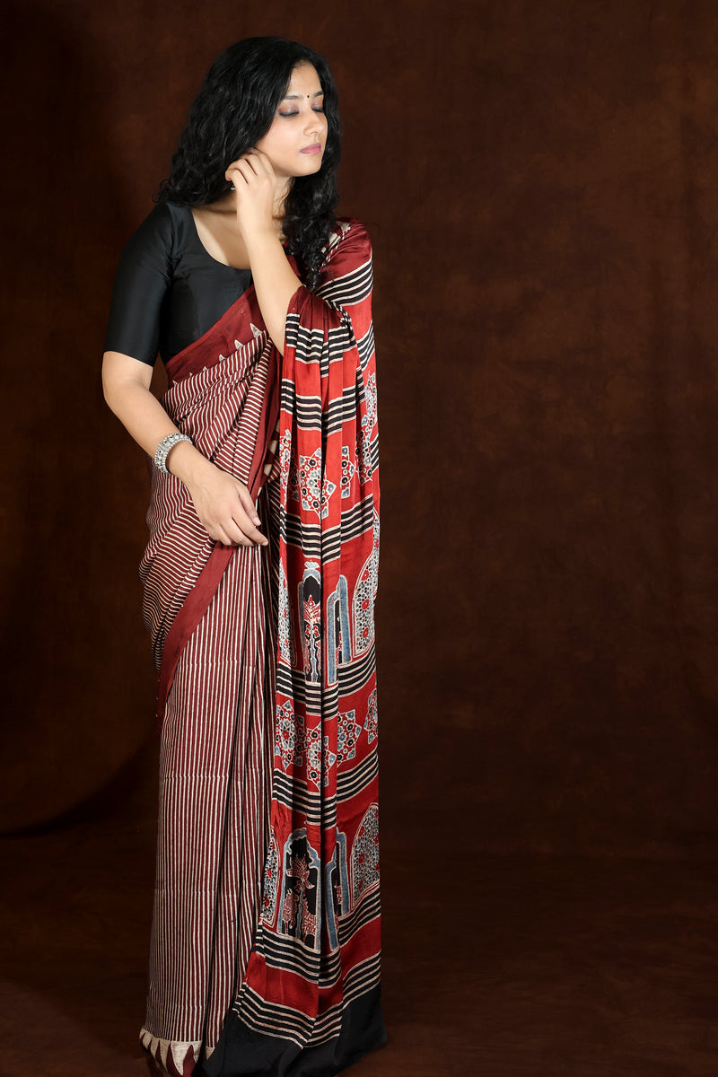 Red & Ivory Modal Silk Ajrakh Saree