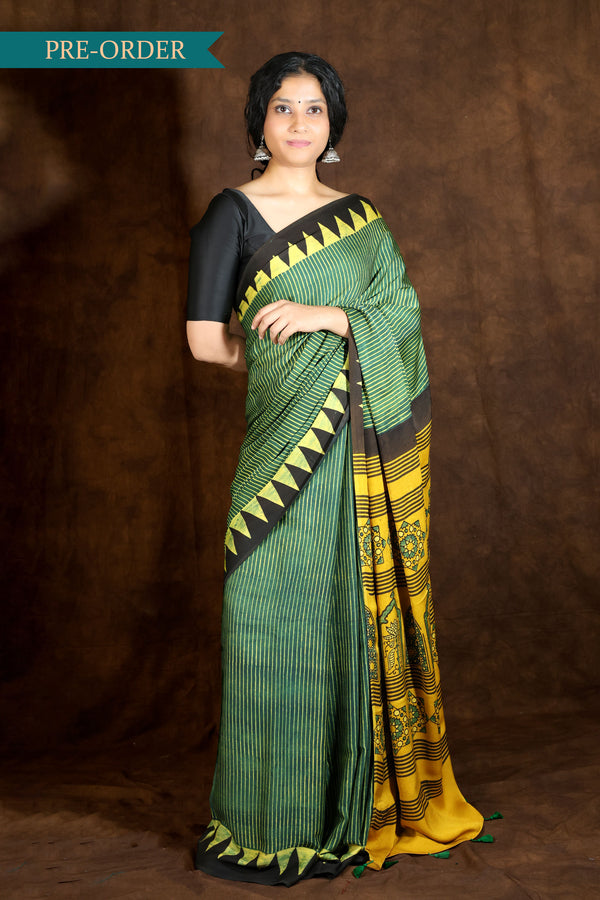 Green & Yellow Modal Silk Ajrakh Saree