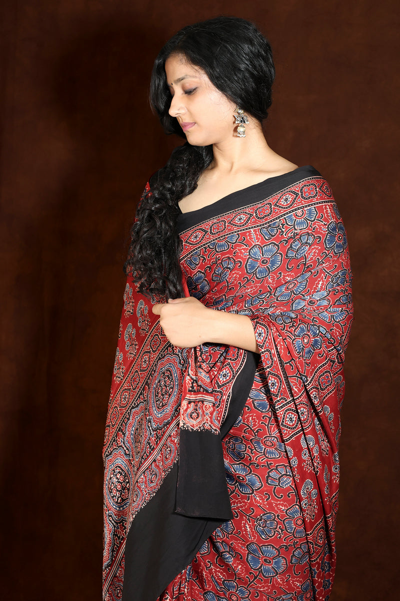 Red & Black Modal Silk Ajrakh Saree