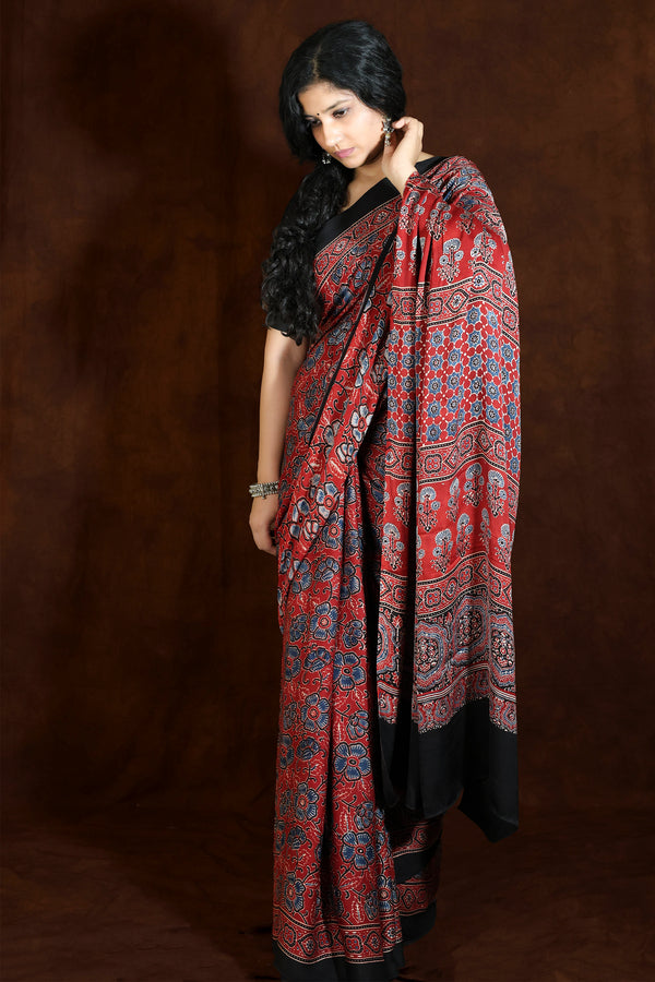 Red & Black Modal Silk Ajrakh Saree