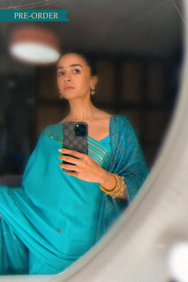 Alia Bhatt's Turquoise Blue Mysore Silk Saree (Made to Order)