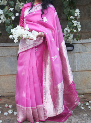 Pink and Silver Organza Saree