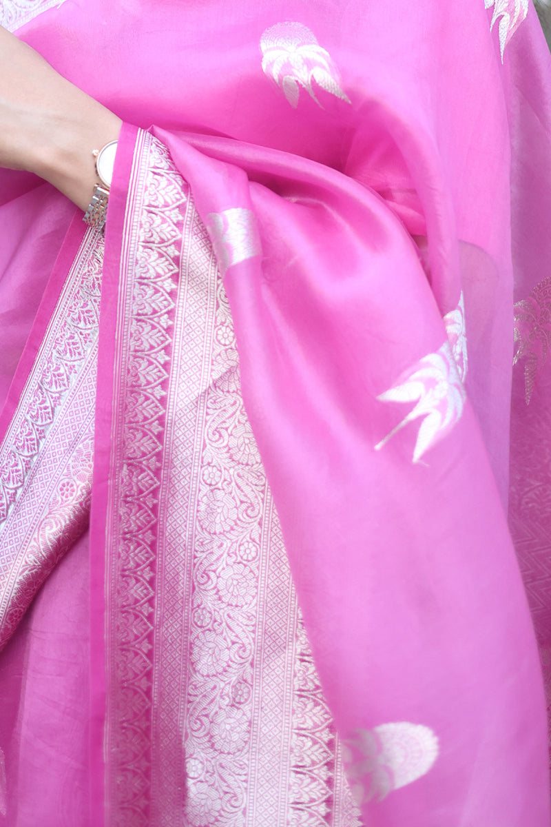 Pink and Silver Organza Saree