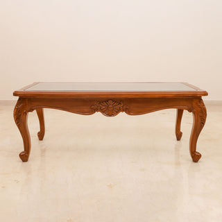 Antique glass coffee table with floral carved teakwood base