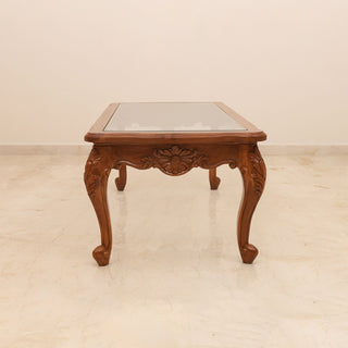 Antique glass coffee table with floral carved teakwood base