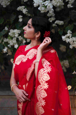 Red and Gold Organza Saree with Vintage Border (Made to Order)