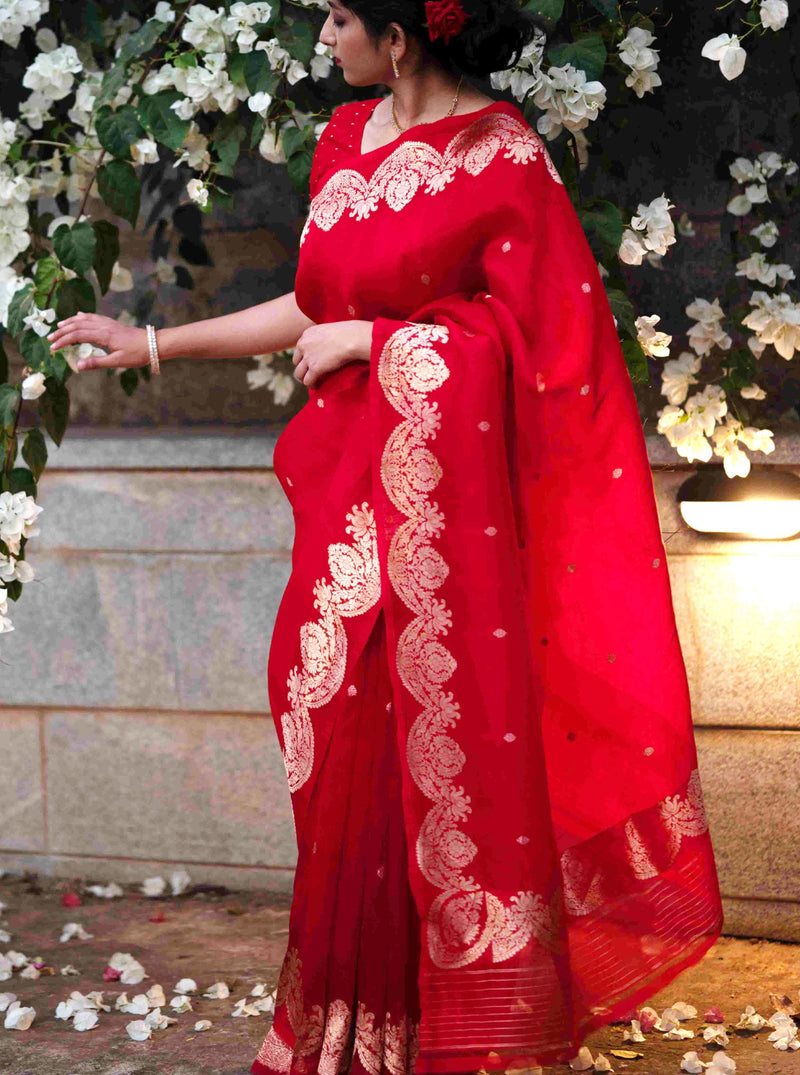 Red and Gold Organza Saree with Vintage Border