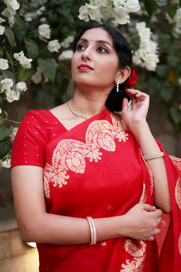 Red and Gold Organza Saree with Vintage Border