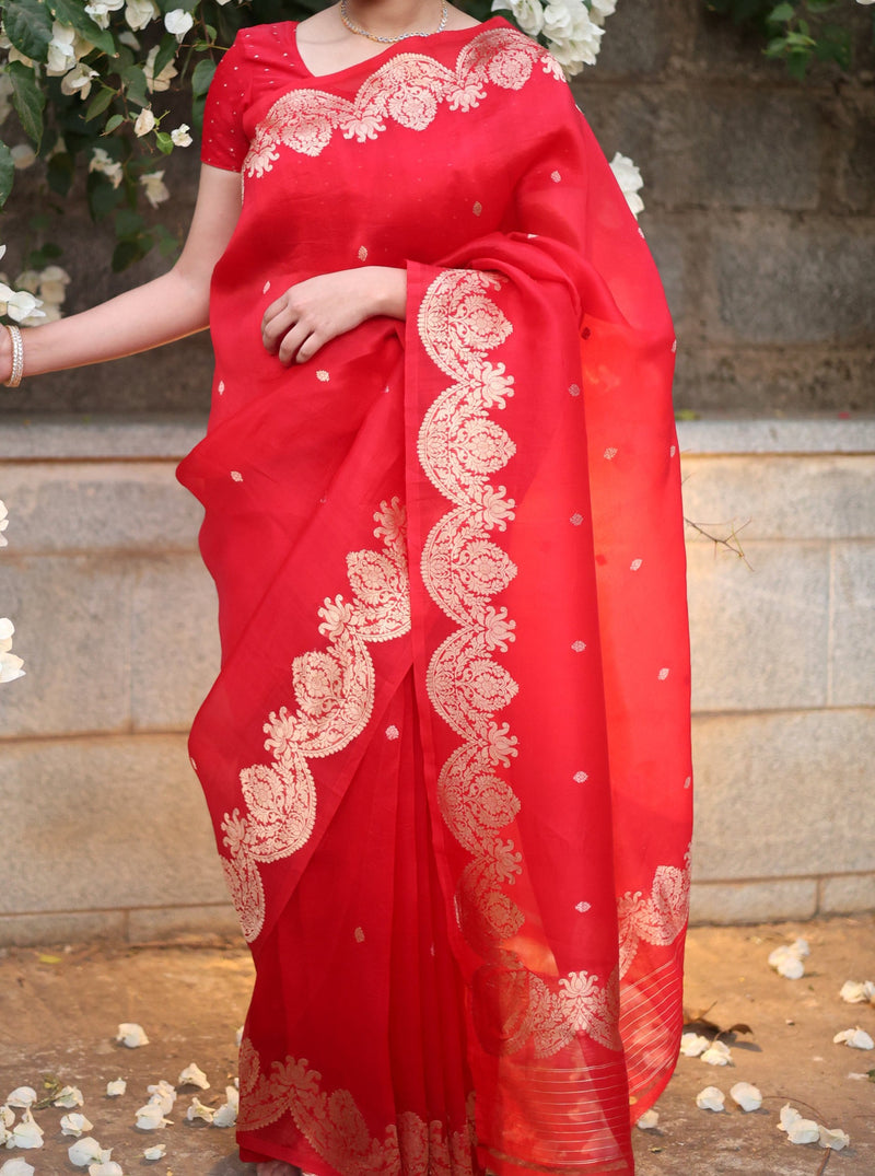 Red and Gold Organza Saree with Vintage Border