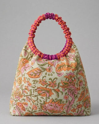 Floral Block Print Cotton Hobo Tote Bag with Gingham Check Handle and Sage Green Print