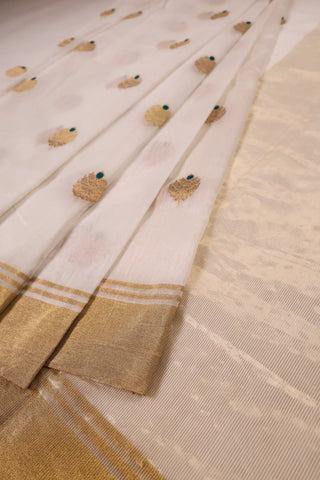 Off-White Chanderi Silk Saree with Gold Leaf Motifs