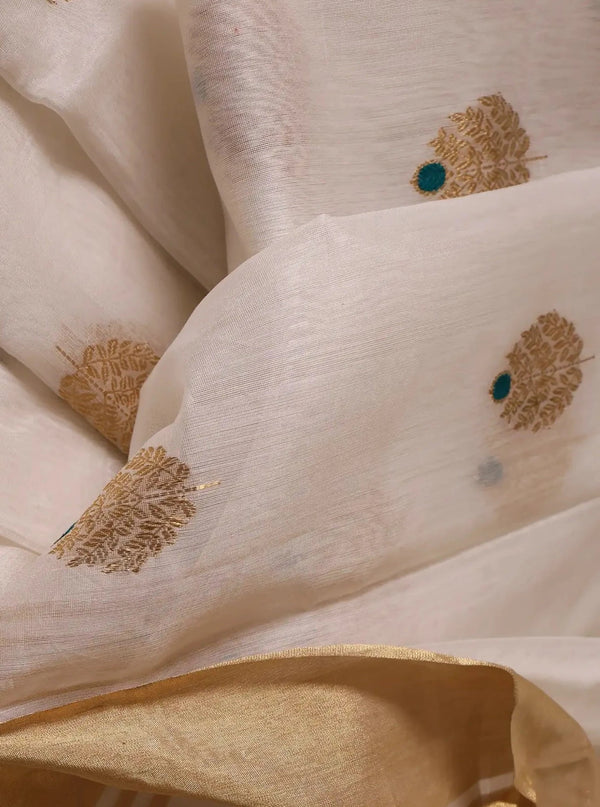 Off-White Chanderi Silk Saree with Gold Leaf motifs