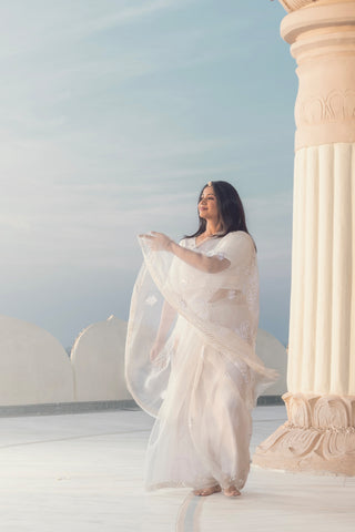 Badal: White Sheer Organza Saree with Chikankari and Mukaish