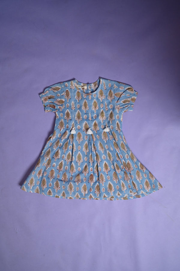 Blue Printed Cotton Frock with Tassels