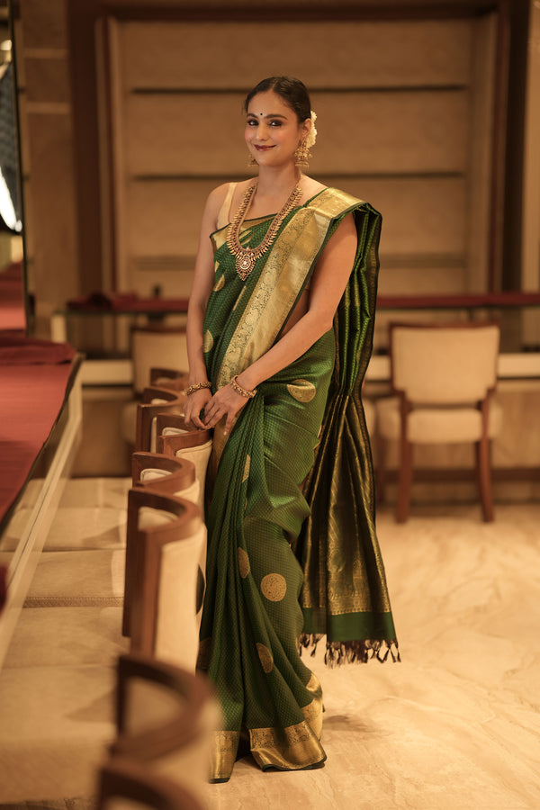 Green Kanchipuram Handloom Silk saree with light green motifs