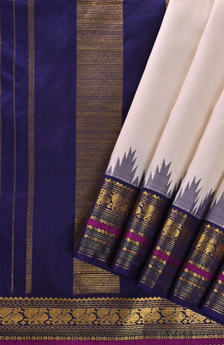 Off-white and Blue Kanchipuram Pure Silk Saree