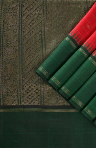 Deep Red and Green Kanchipuram Pure Silk Saree