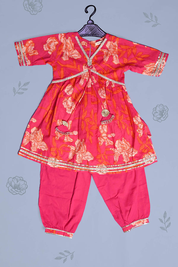 Pink and Orange Floral Suit Set With Gota Detail