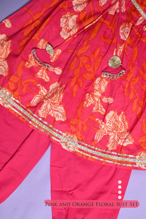 Pink and Orange Floral Suit Set With Gota Detail