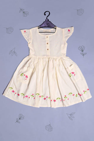 Floral Embroidered White Cotton Frock