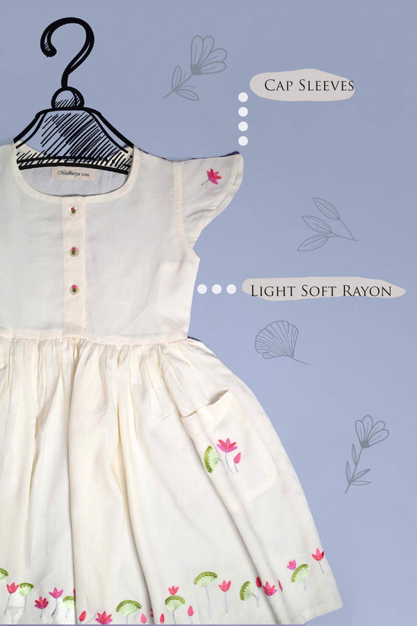 Floral Embroidered White Cotton Frock