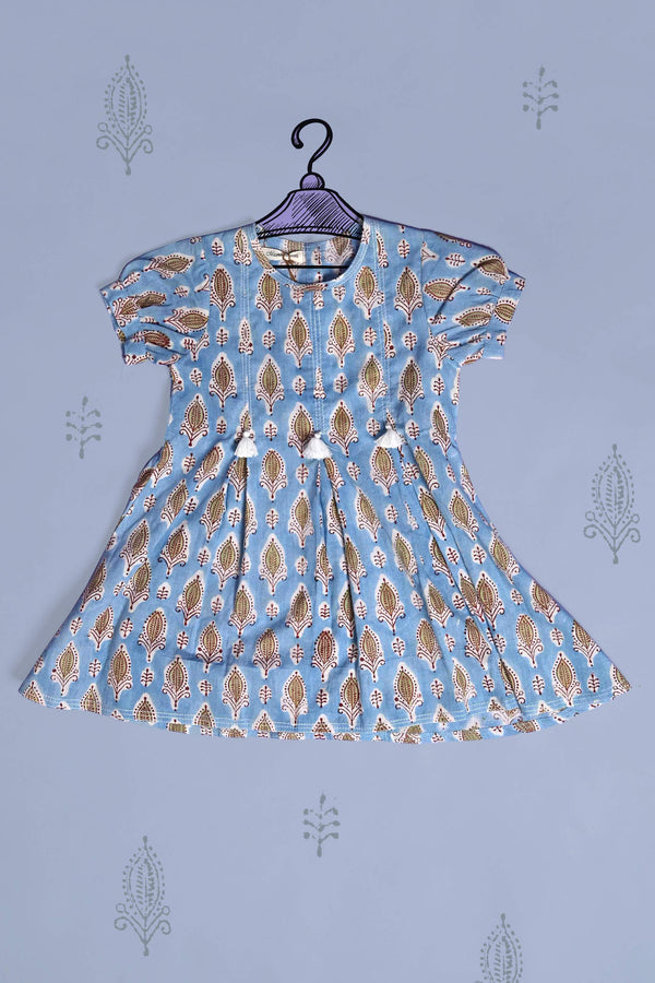 Blue Printed Cotton Frock with Tassels