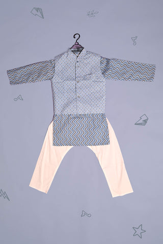 Sky Blue Cotton Printed Kurta Pyjama Set with Jacket