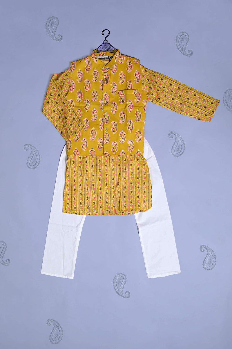 Yellow Cotton Printed Kurta Pyjama Set with Jacket