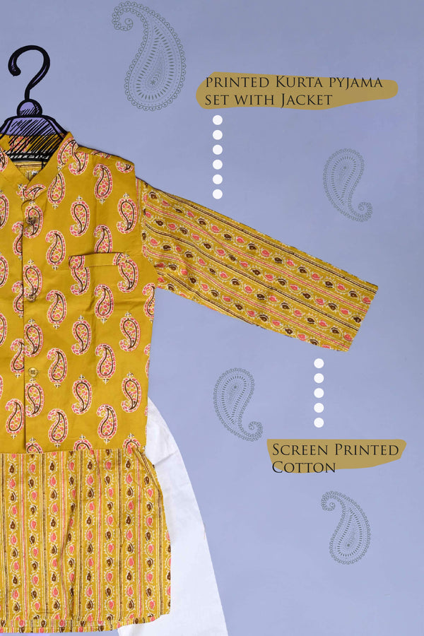 Yellow Cotton Printed Kurta Pyjama Set with Jacket