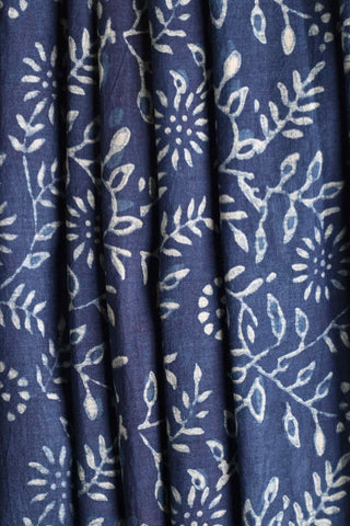 Indigo Cotton Saree with Floral Vines