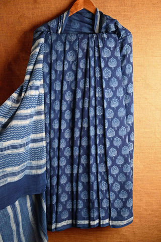 Indigo Cotton Saree with Lotus Buds