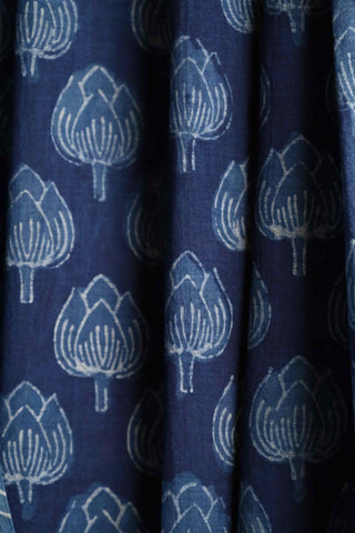 Indigo Cotton Saree with Lotus Buds