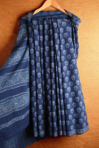 Indigo Cotton Saree with Flower Buds