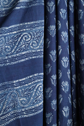 Indigo Cotton Saree with Flower Buds