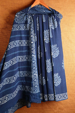 Indigo Cotton Saree with Trees