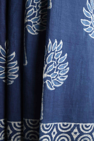 Indigo Cotton Saree with Trees