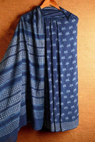 Indigo Cotton Saree with Lotus Blooms