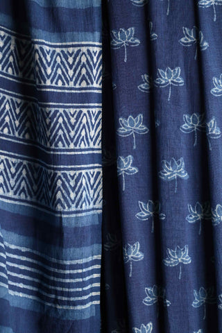 Indigo Cotton Saree with Lotus Blooms