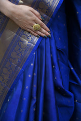 Rich Blue and Gold Kanchipuram Silk Saree with Peacock Motifs