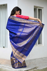 Rich Blue and Gold Kanchipuram Silk Saree with Peacock Motifs