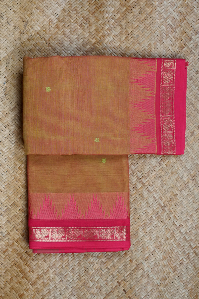 Pink & Green Cotton Chettinad Saree