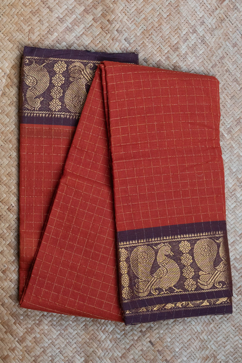 Rust Brown Cotton Chettinad Saree