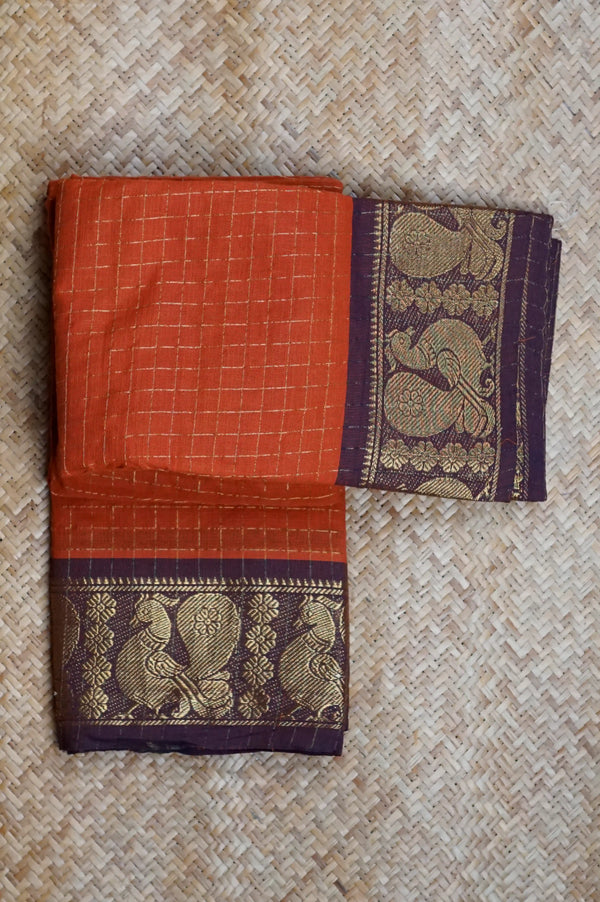 Rust Brown Cotton Chettinad Saree