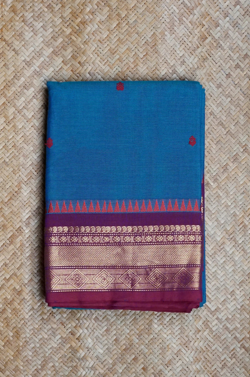 Peacock Blue Cotton Chettinad Saree