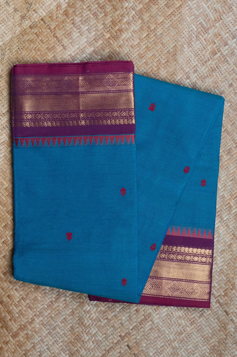 Peacock Blue Cotton Chettinad Saree