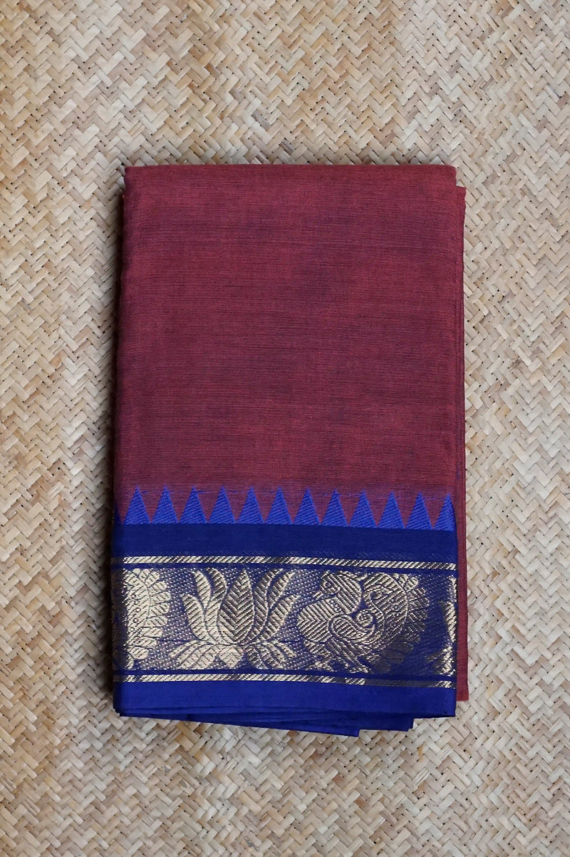 Maroon & Blue Cotton Chettinad Saree