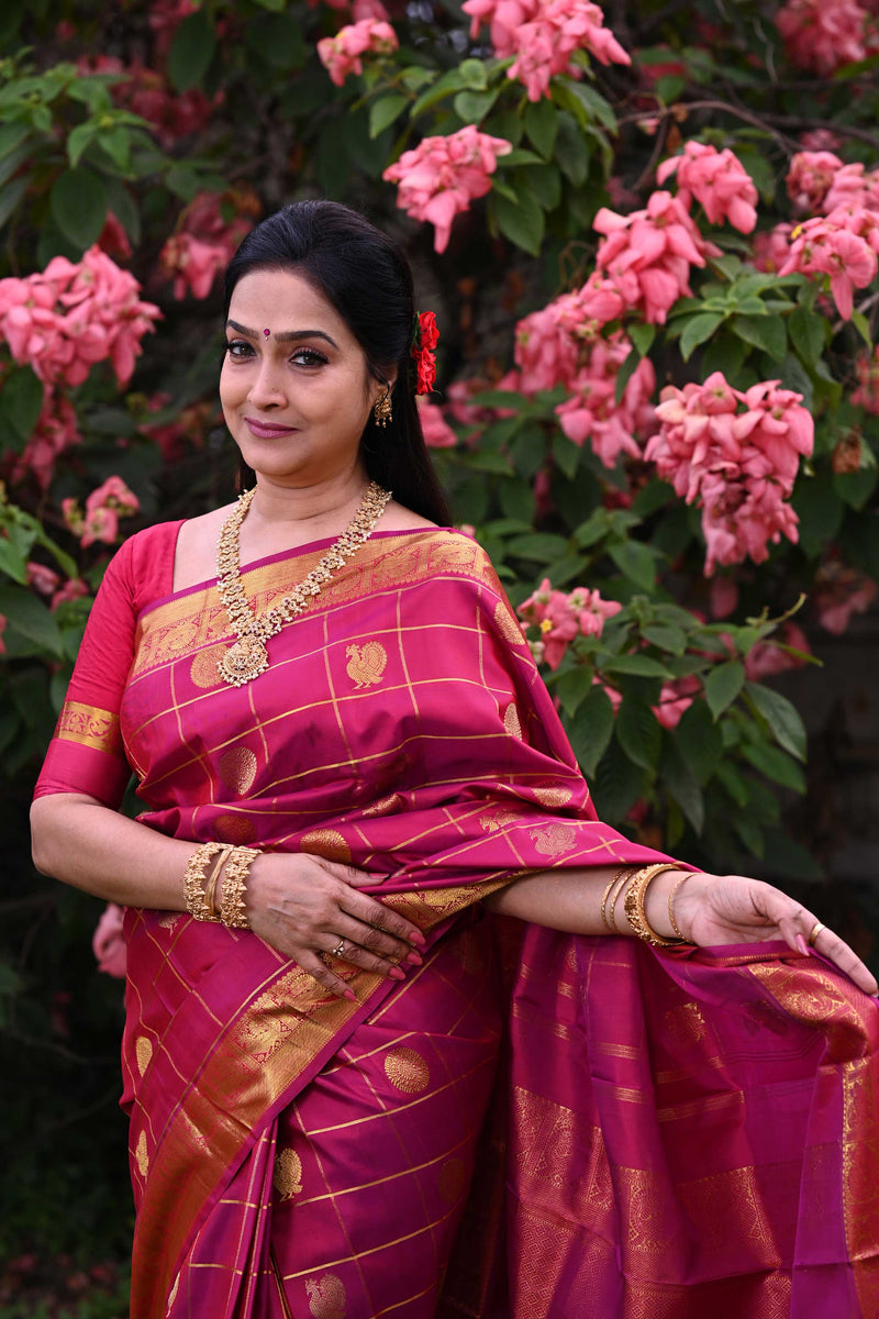 Sadhana ji's Fuchsia Pink Checkered Kanchipuram Saree