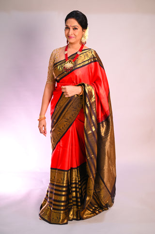 Red and Black Kanjivaram Pure Silk Saree