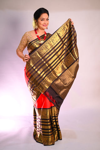 Red and Black Kanjivaram Pure Silk Saree